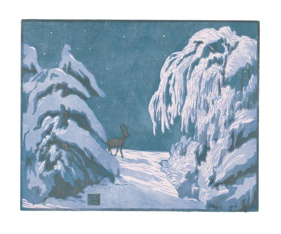 Farbholzschnitt "Winternacht" / Handdruck Nr. 20