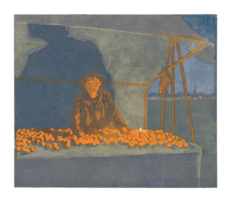 Farbholzschnitt "Orangenhändler" / Orig. Holzschnitt Handdruck Nr. 1