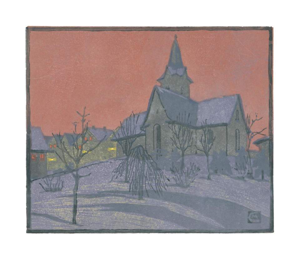 Farbholzschnitt "Winterabend" / Handdruck Nr. 48