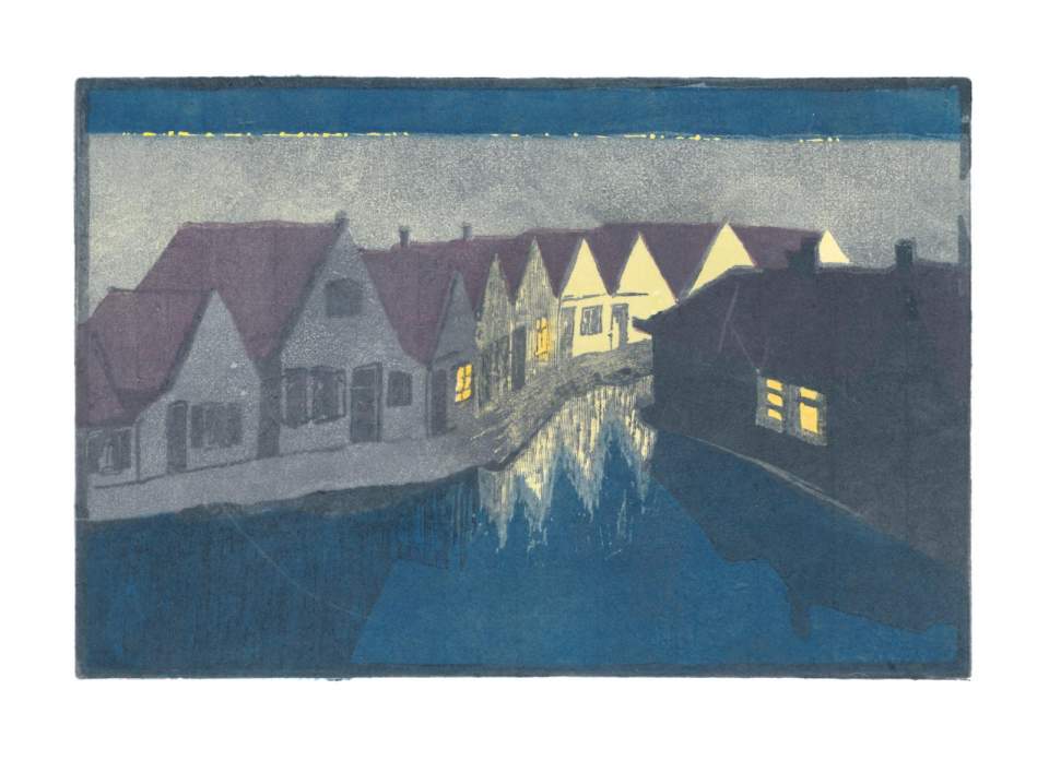 Farbholzschnitt "Abend in Volendam", Holland / Orig. Holzschnitt Handdruck Nr. 1
