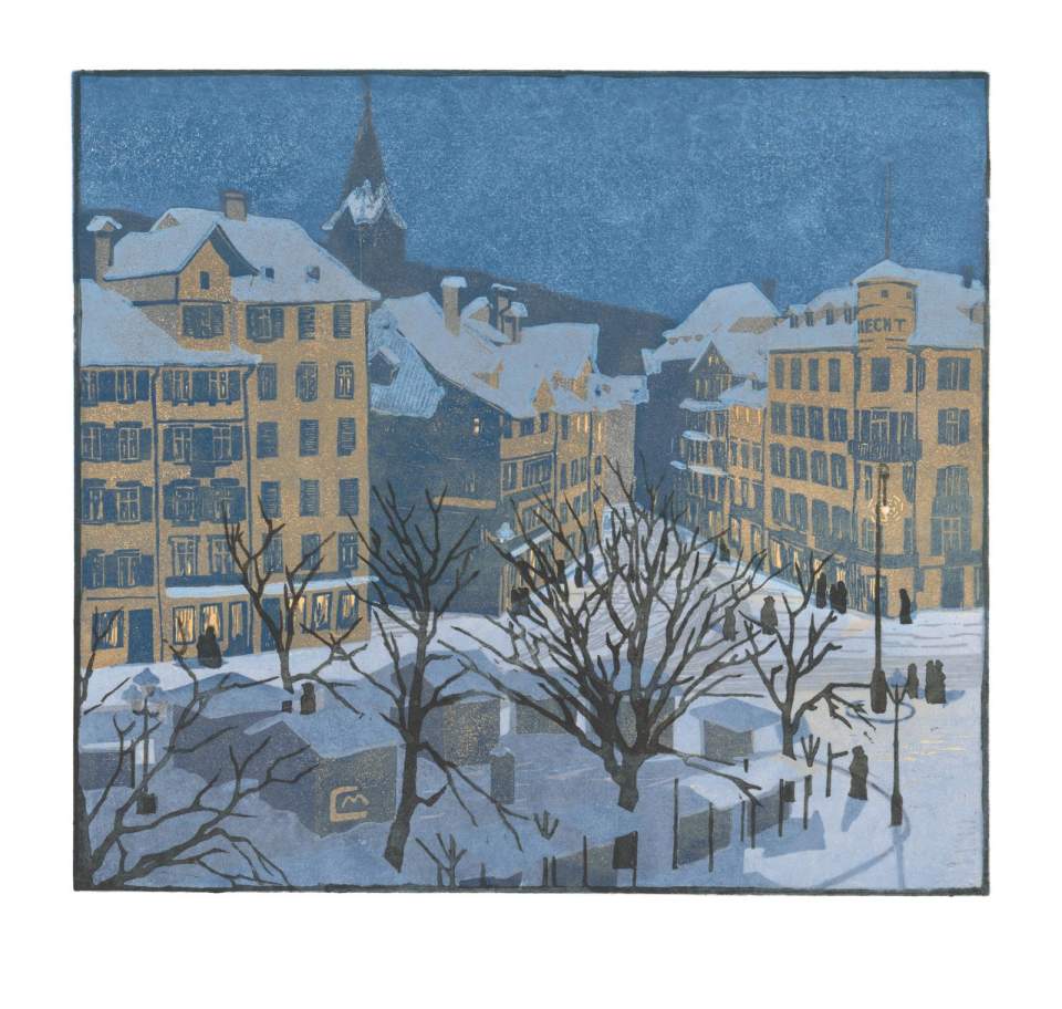Farbholzschnitt Marktplatz St.Gallen