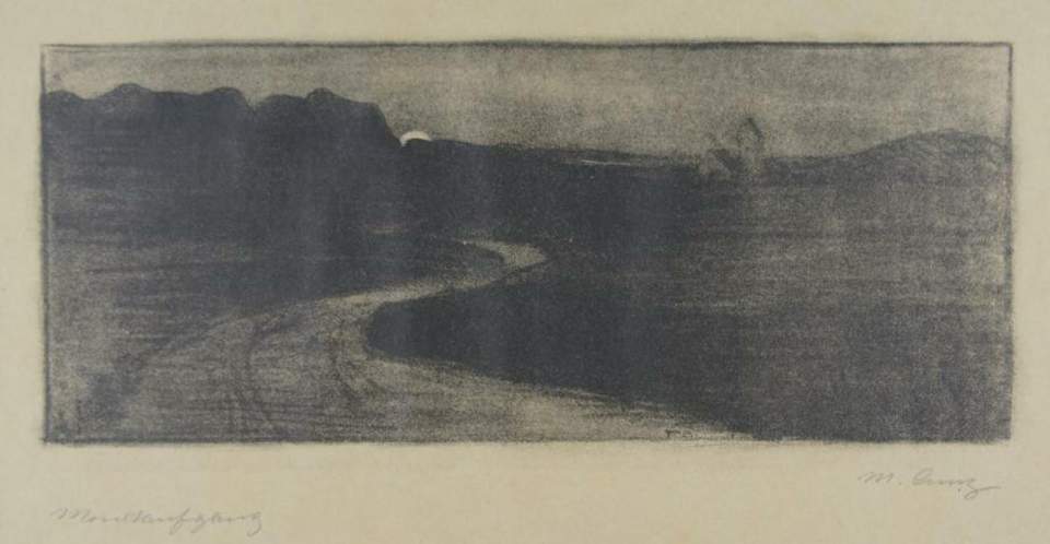 Lithographie "Abendstimmung mit Mond" / Mondaufgang
