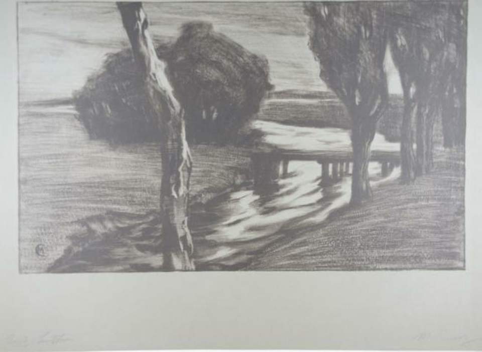 Lithographie "Bach mit Steg" / Orig. Litho