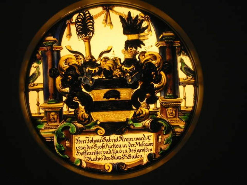Wappenscheibe von Johann Gabriel Krom, Monolithrundscheibe, Glasgemälde