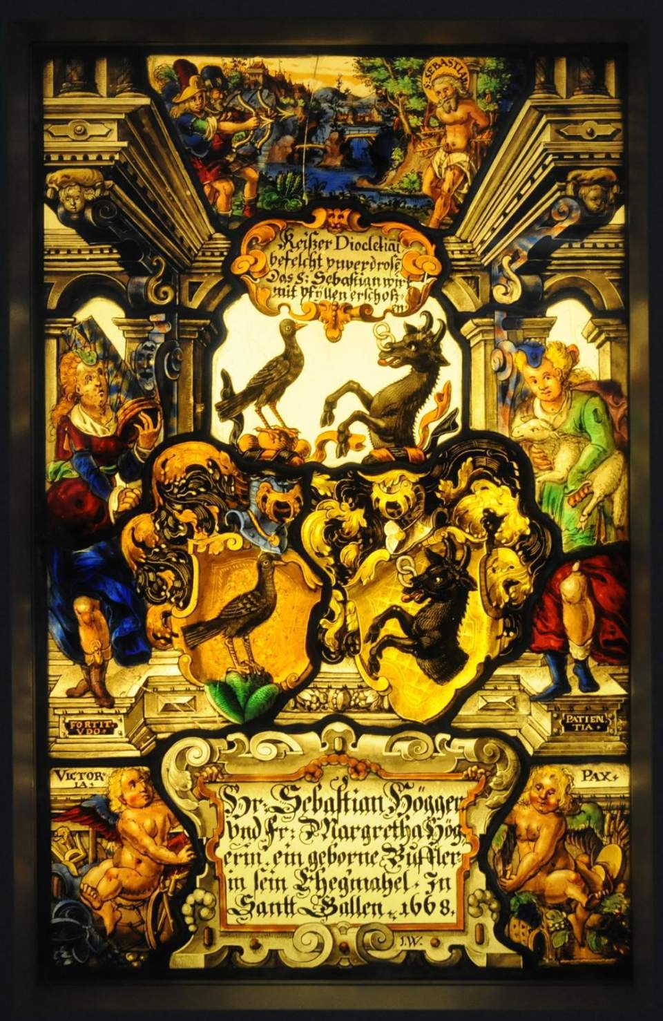 Allianzwappenscheibe von Sebastian Högger und Margaretha Buffler (Hl. Sebastian), Glasgemälde