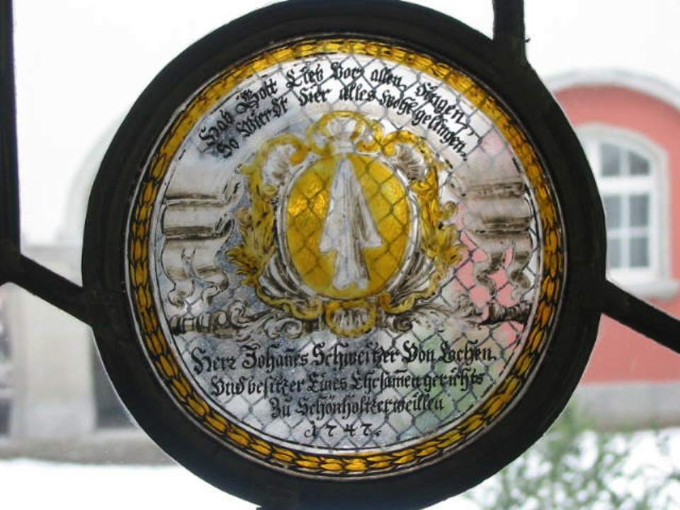 Wappenscheibe von Johannes Schweizer, Monolithrundscheibe, Glasgemälde