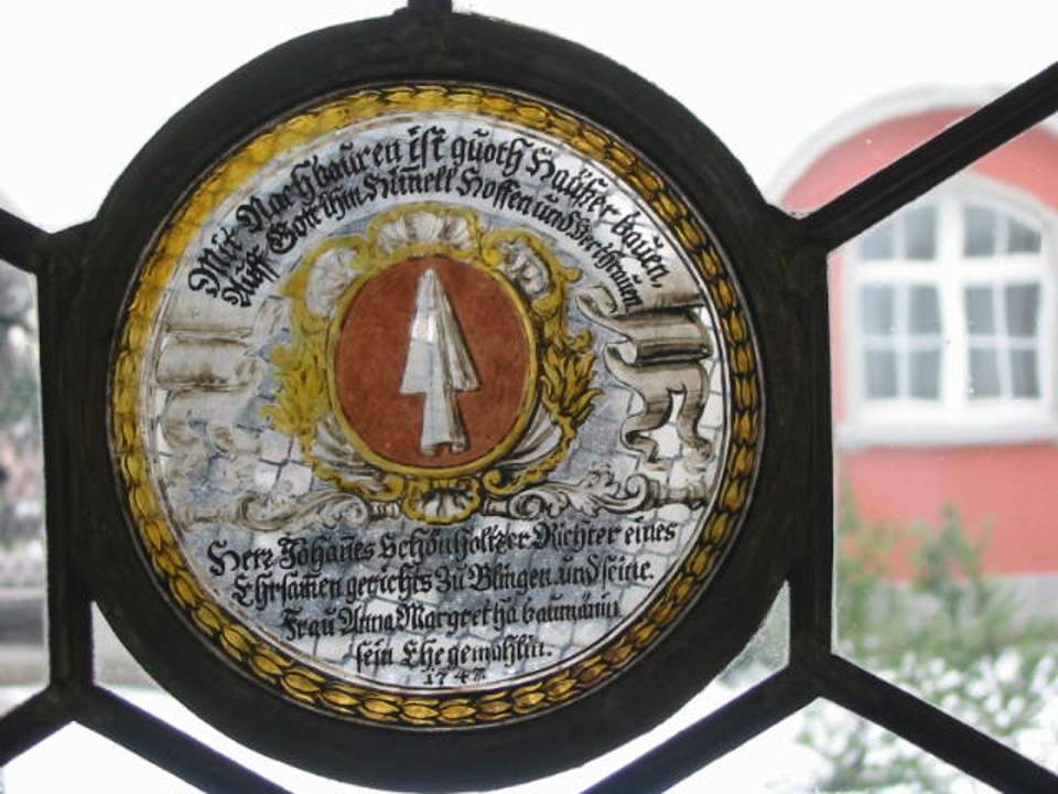 Wappenscheibe von Johannes Schönholzer und Anna Margareta Baumann, Monolithrundscheibe, Glasgemälde