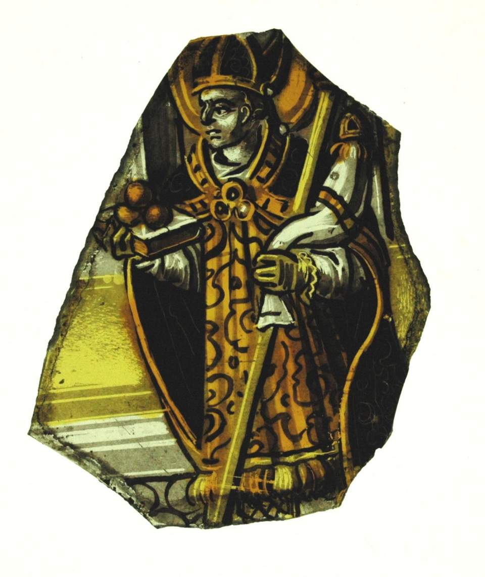 Glasgemälde Fragment mit Bischof Nikolaus