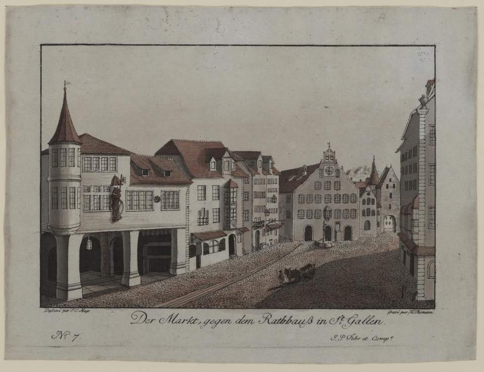 Marktgasse und Rathaus St.Gallen, im Vordergrund Leinwandbank (Brot- und Tuchlaube)