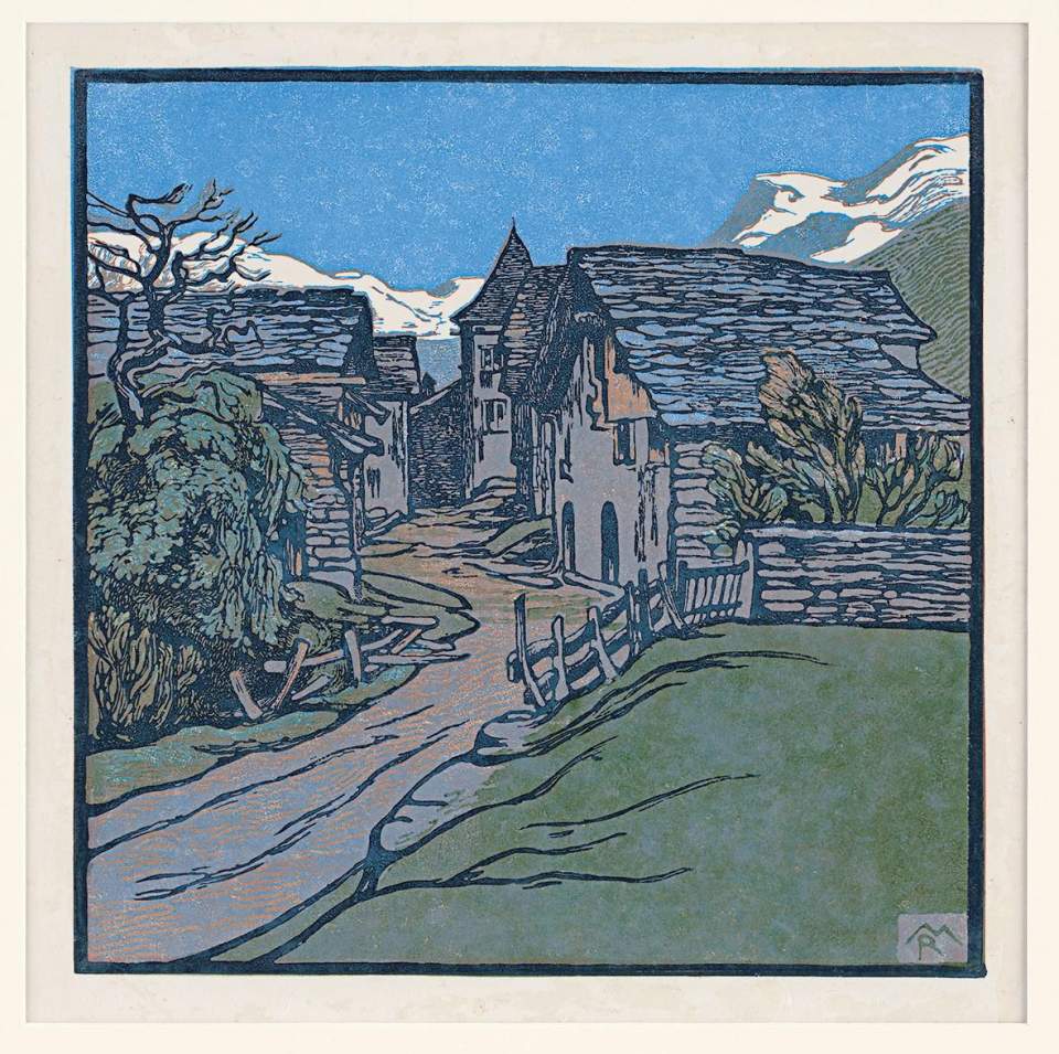 Farbholzschnitt "Walliser Dorf"