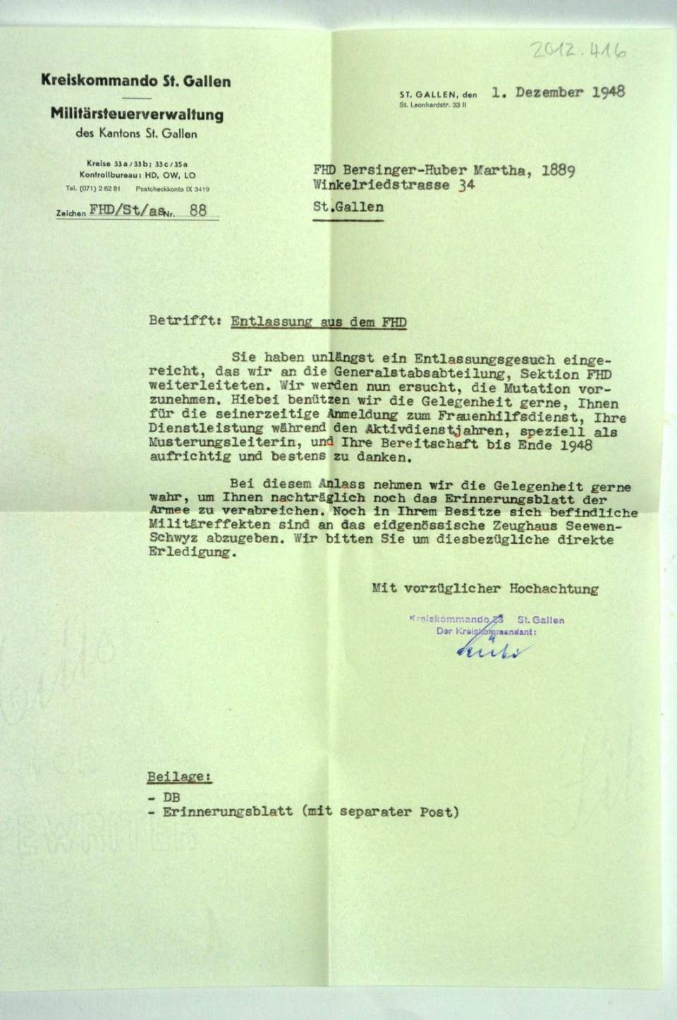 Entlassung aus dem Frauenhilfsdienst, Brief