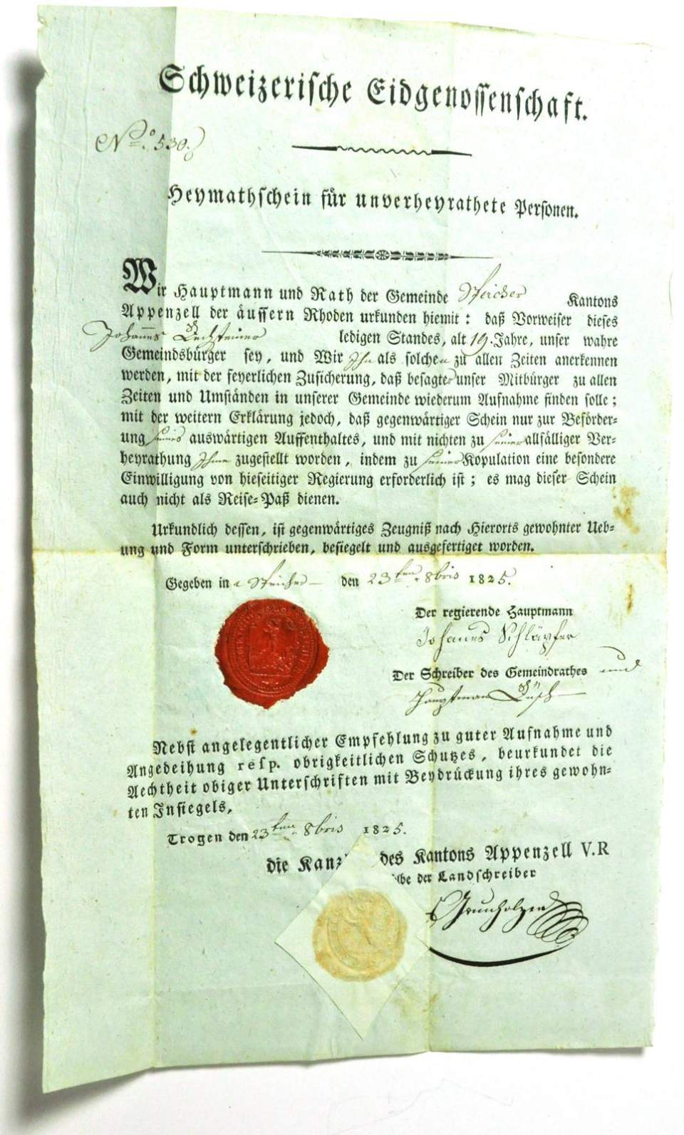 Heimatschein Gemeinde Speicher 1825