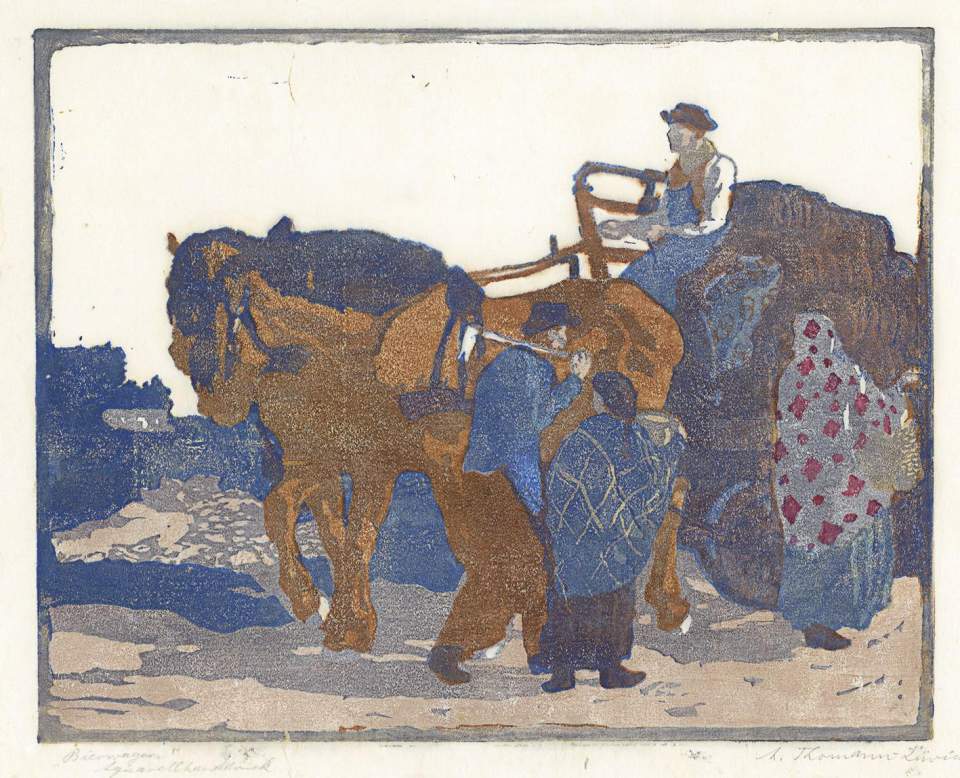 Farbholzschnitt "Bierwagen" Adolf Thomann