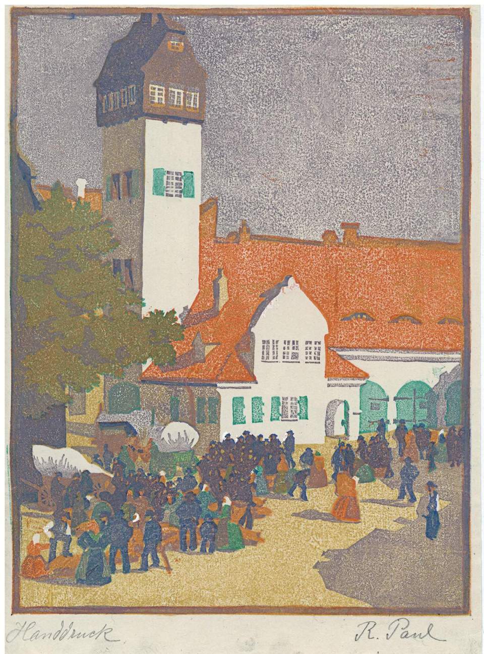 Farbholzschnitt "Menschen vor Gebäude"