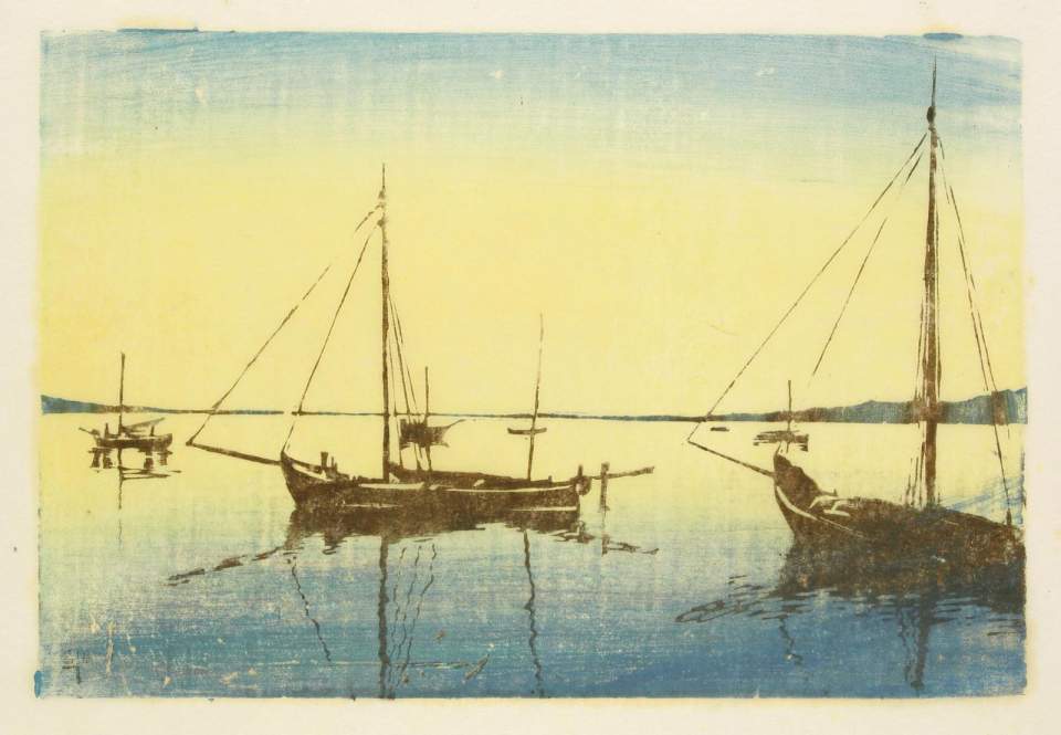 Farbholzschnitt "O.T.,See mit Booten" 