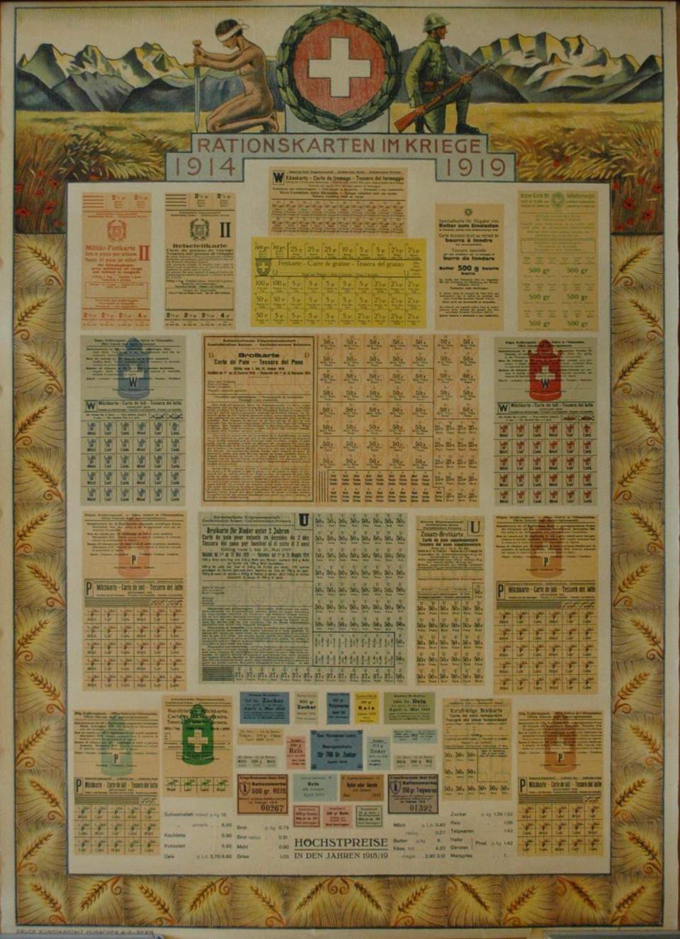 Farblithografie "Rationskarten im Kriege 1914-1919"