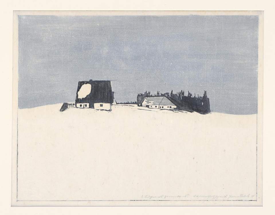 Farbholzschnitt "Verschneites Gehöft"