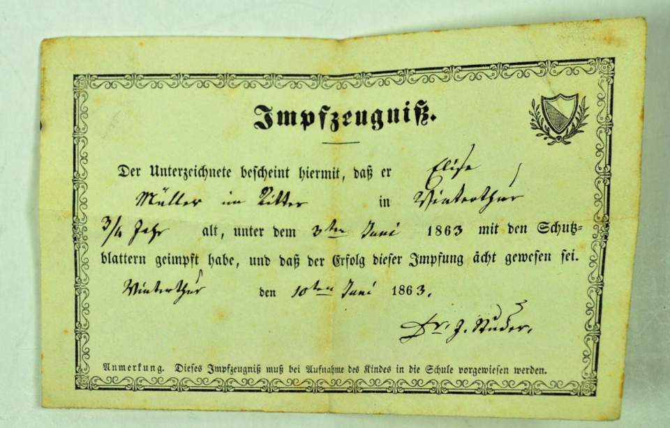 Impfzeugnis von 1863