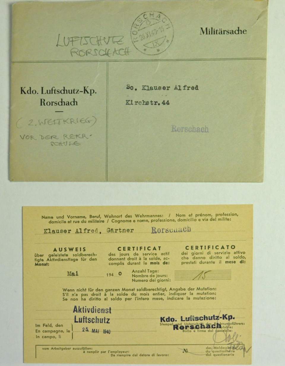 Luftschutz 2. Weltkrieg, verschiedene Dokumente von Fredy (Alfred) Klauser, Rorschach