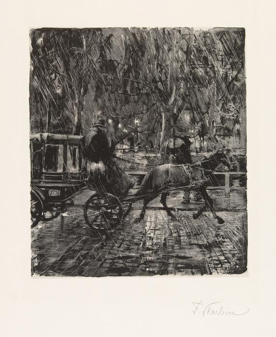  Lithographie Franz Skarbina "Droschke im Regen"