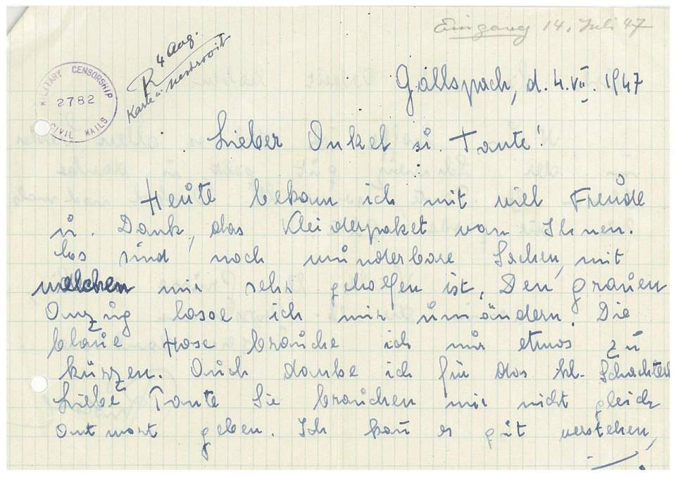 Briefe von Rudi Keller aus Gallsbach (A) an Fam. Klauser (Rorschach) von 1946-49