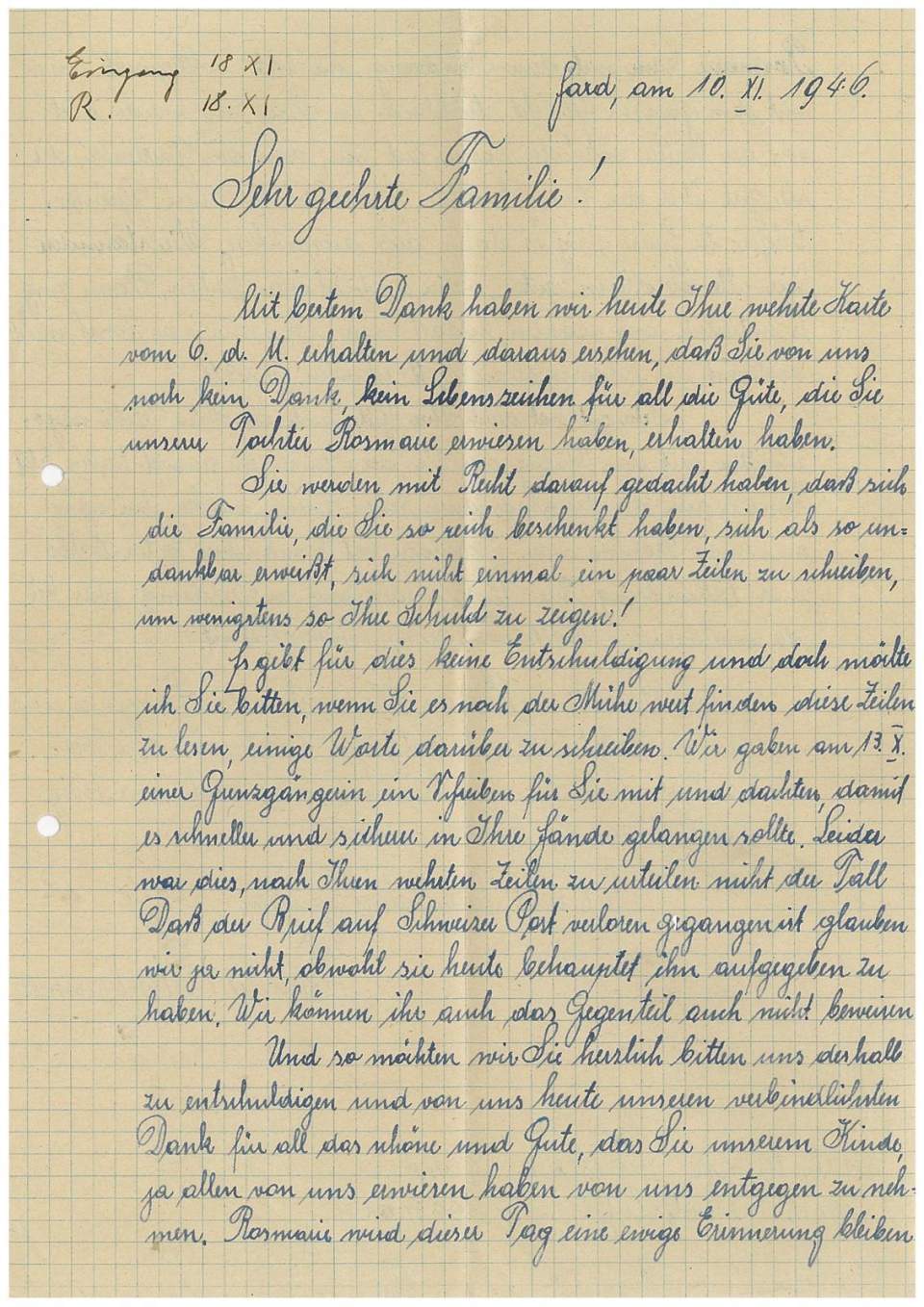 Briefe von Rosmarie Birnbaumer, Hard (A) an Fam. Klauser (Rorschach), 1946