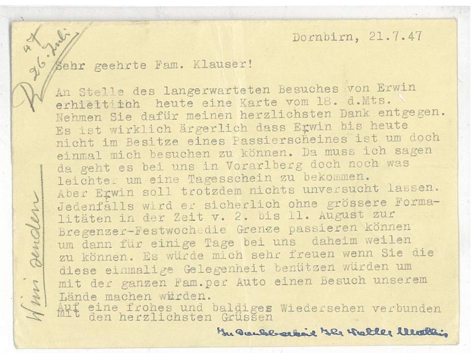 Briefe von Mathis Walter, Dornbirn (A) an Fam. Klauser (Rorschach), 1945-47