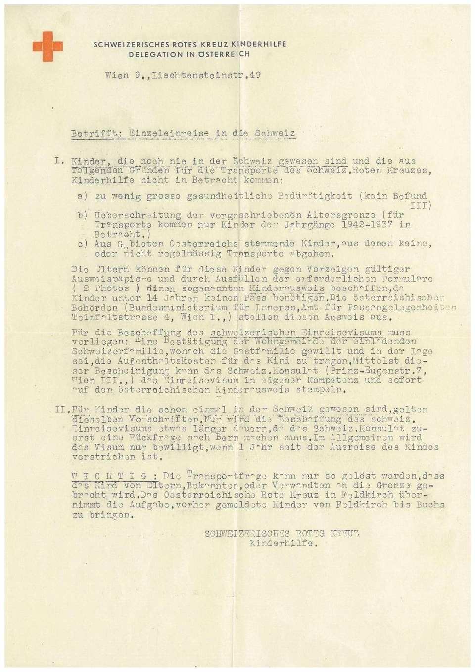 Mitteilungs-Brief von "Schweizerisches Rotes Kreuz, Kinderhilfe, Delegation Österreich", Wien, nach 1942