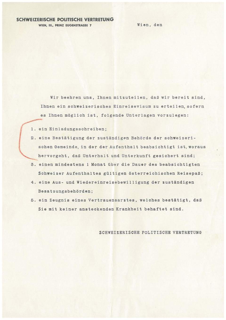 Brief von "Schweizerische Politische Vertretung", Wien nach 2. Weltkrieg, Einreisevisum