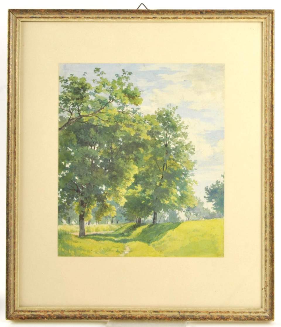 Aquarell Wiesenweg mit Bäumen von Anna Elisabeth (Nette) Kelly