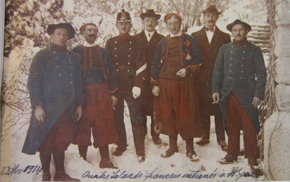 Ansichtskarte, Postkarte, vier in St. Gallen internierte französische Soldaten und drei Begleiter