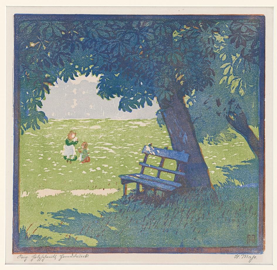 Farbholzschnitt "Gartenbank"