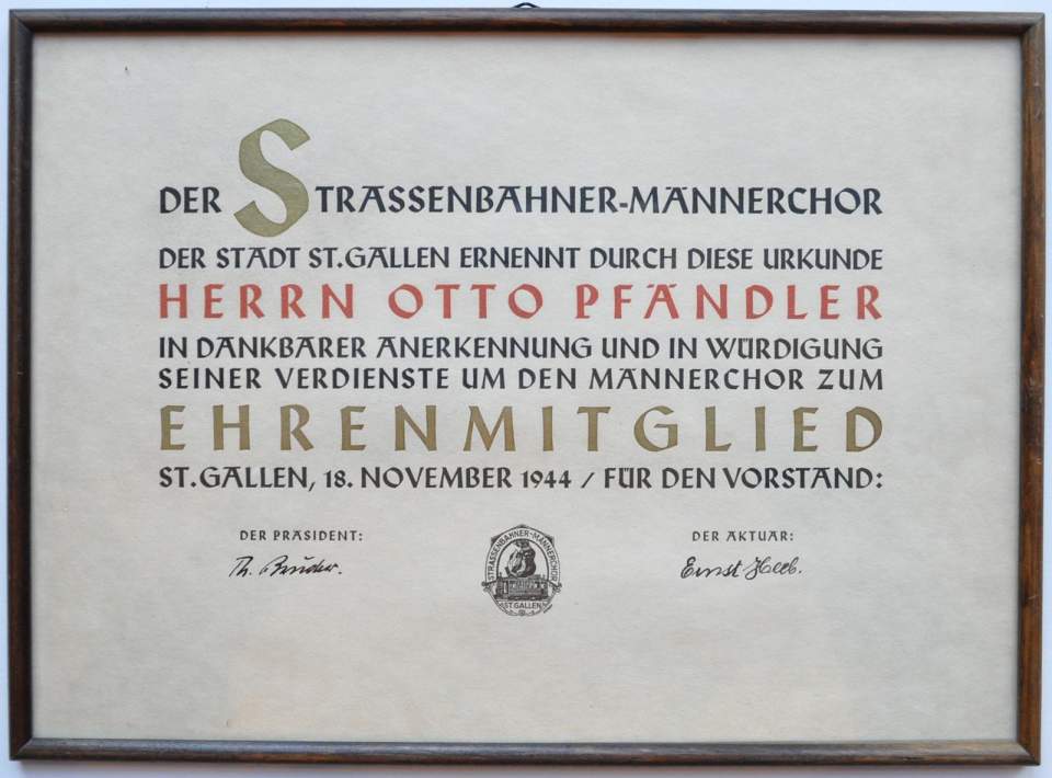 Urkunde Ehrenmitgliedschaft Otto Pfändler, Strassenbahner Männerchor