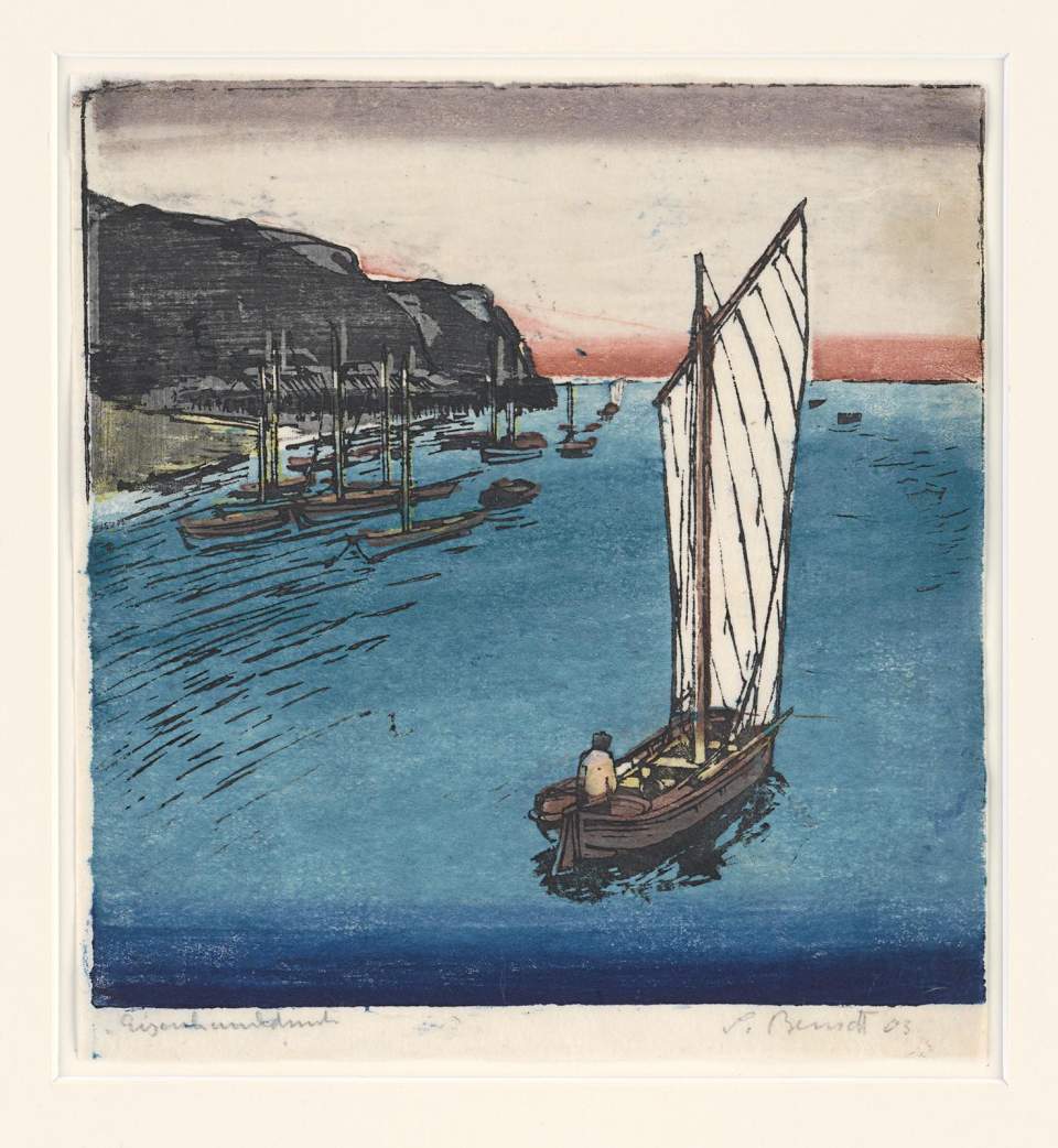 Farbholzschnitt "Segelboote vor der Küste"