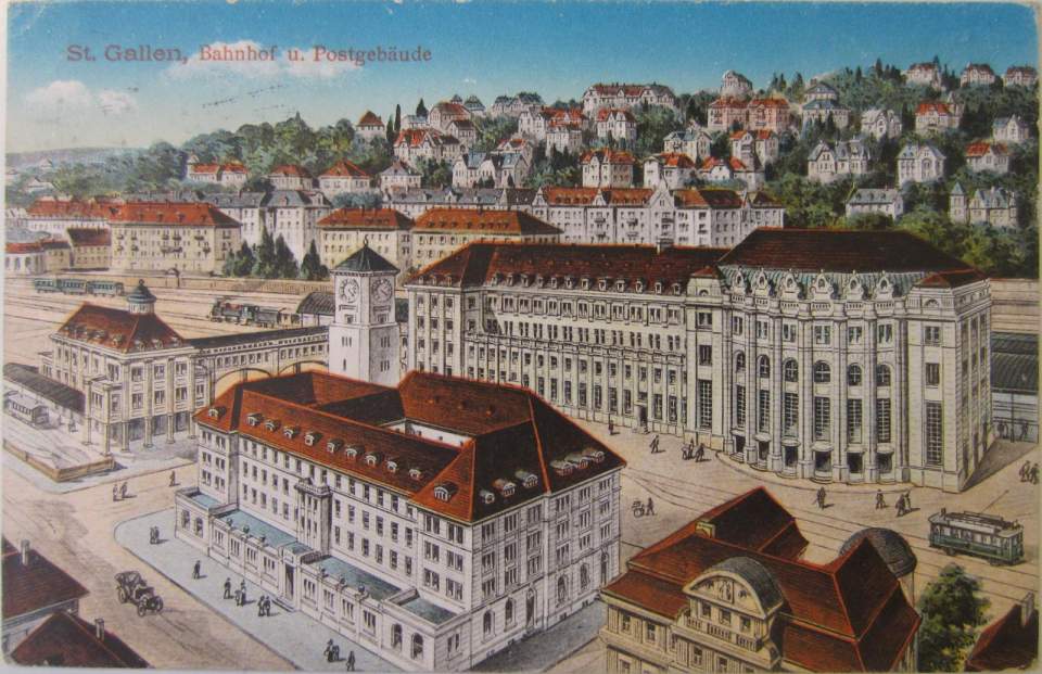 Postkarte, Ansichtskarte, St. Gallen, Bahnhof u. Postgebäude