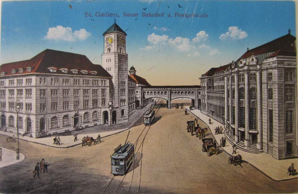 Postkarte, Ansichtskarte, St. Gallen, Neuer Bahnhof u. Postgebäude
