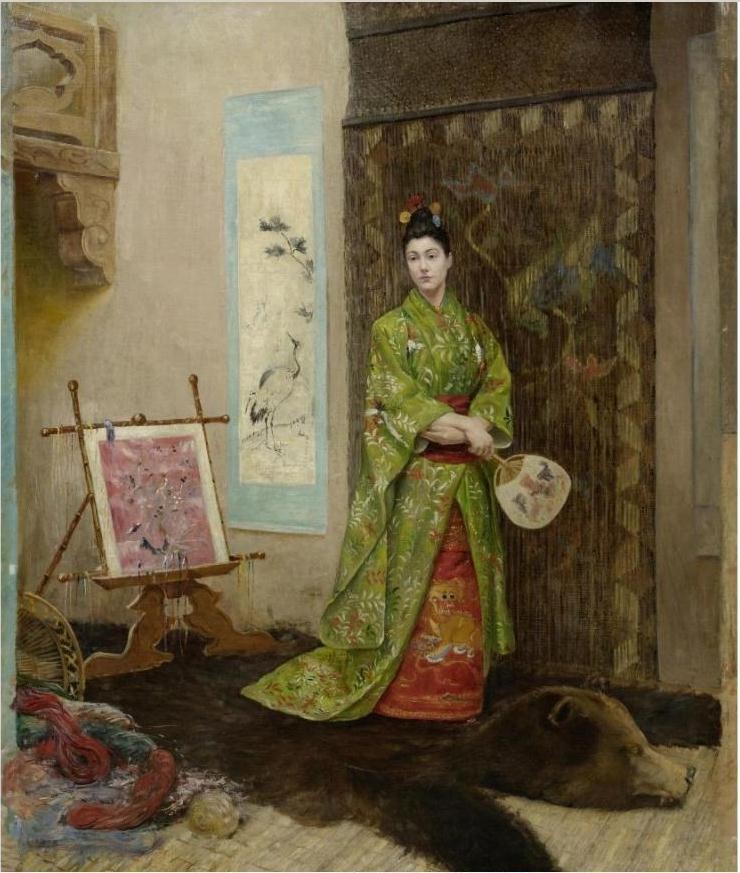 Gemälde Frau im Kimono auf Bärenfell