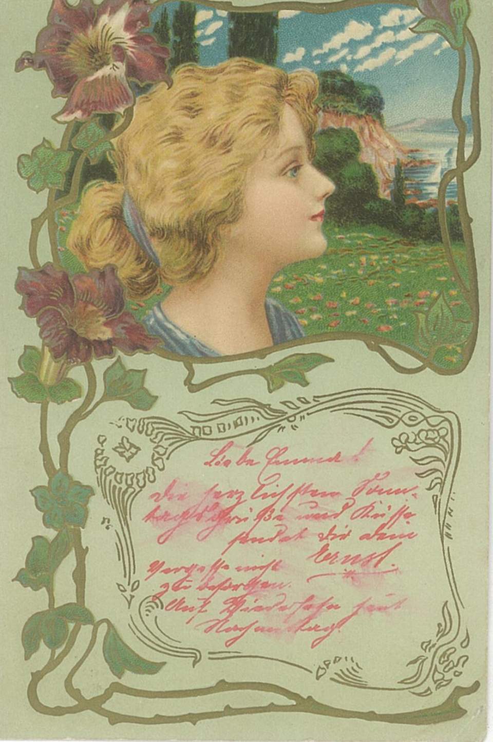 Postkarte Dame, Jugendstil