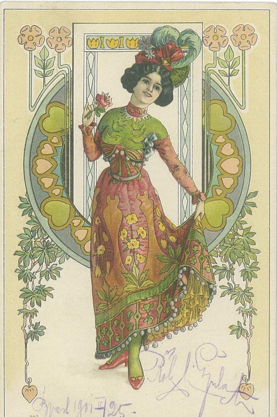 Postkarte Dame, Jugendstil