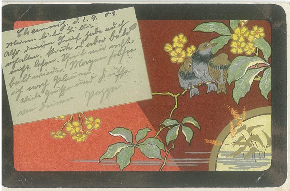 Postkarte Jugendstil Darstellung mit Vögeln u. Blumen