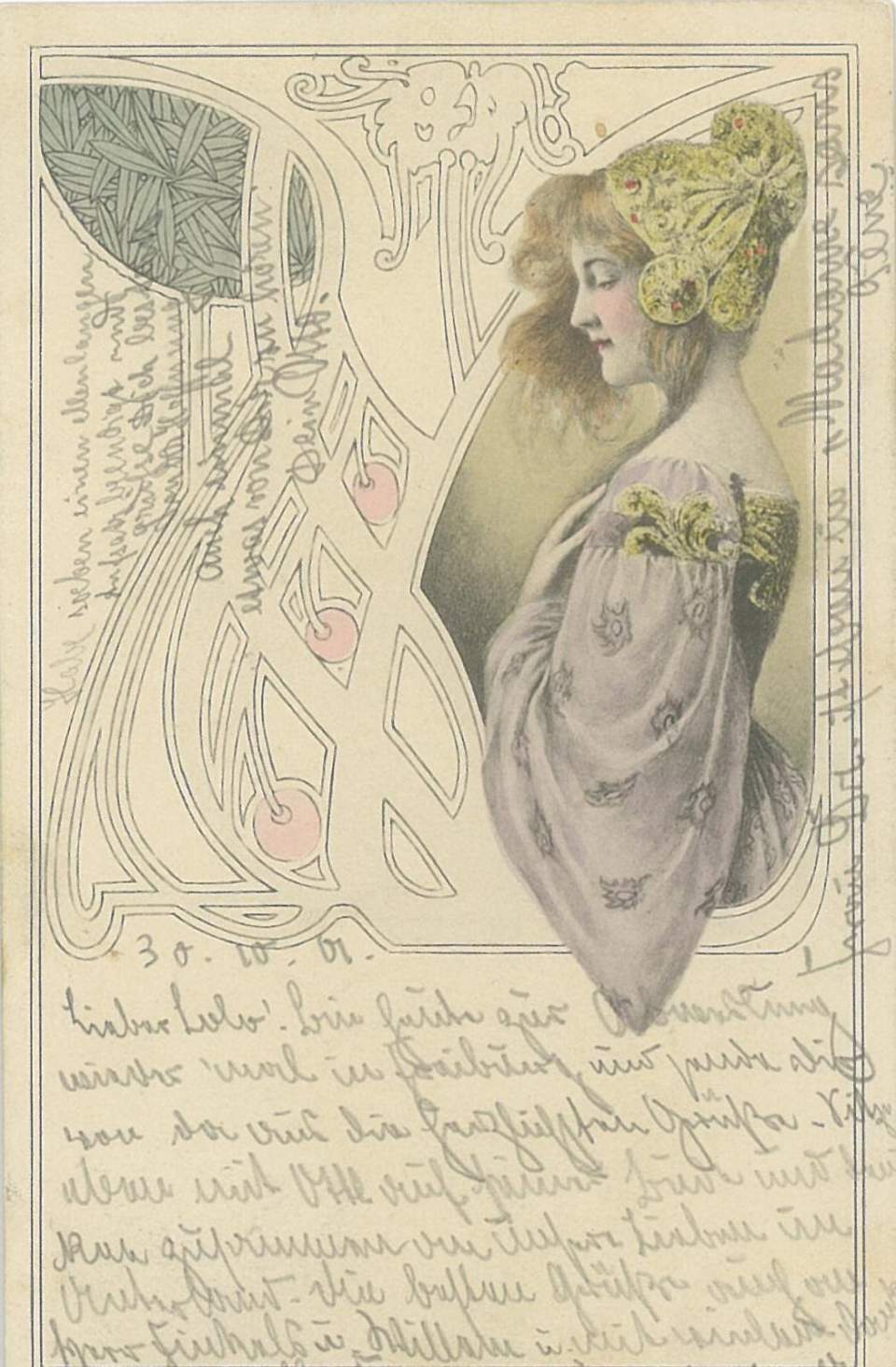Postkarte Dame, Jugendstil