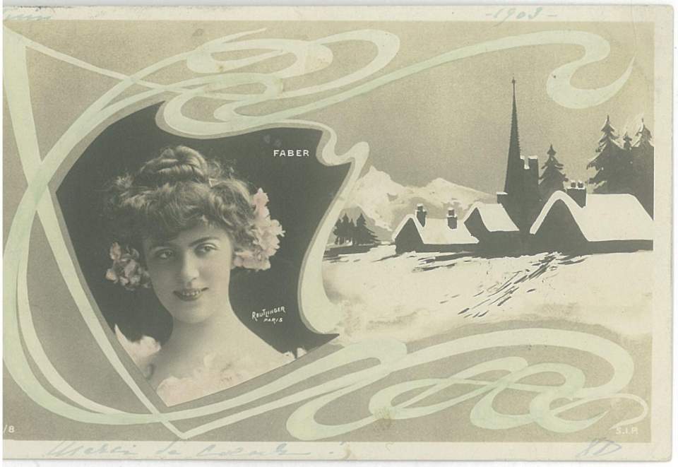 Postkarte Dame vor Dorf im Winter, Jugendstil