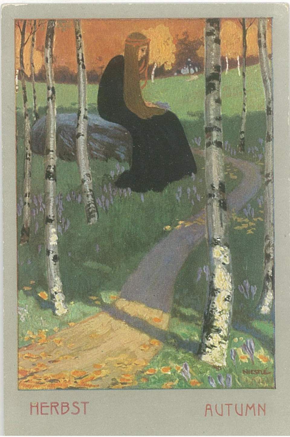 Postkarte Dame zwischen herbstl, Birken