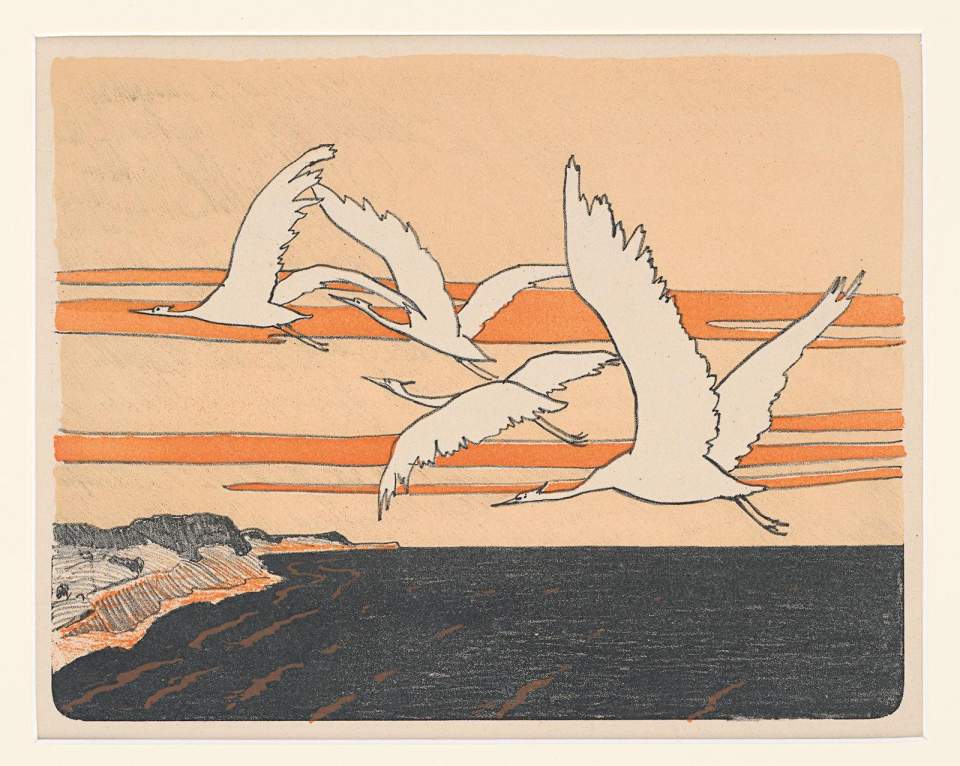 Farblithographie "Kraniche" Walter Leistikow