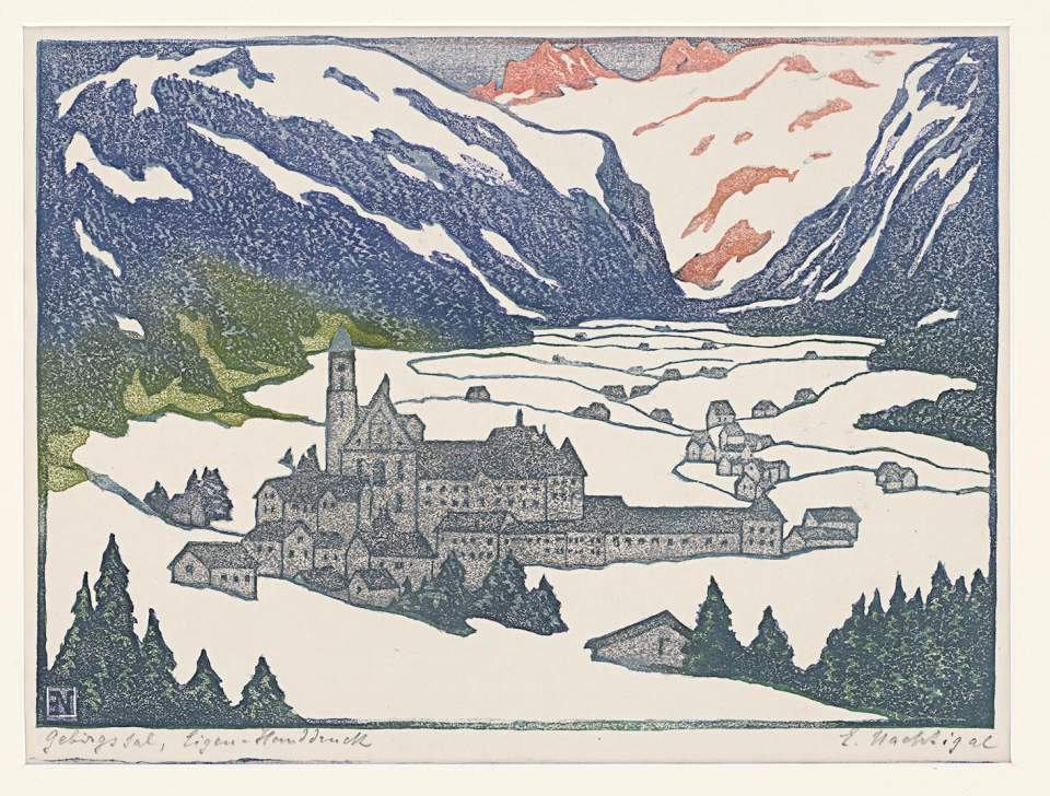 Farbholzschnitt "Gebirgstal"