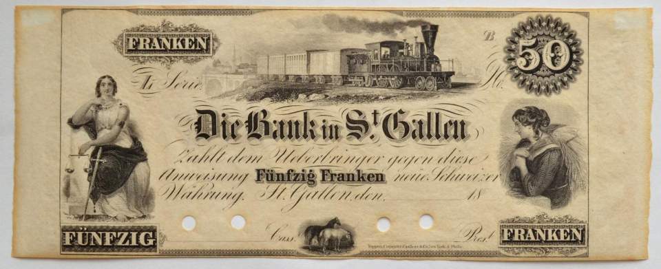 Banknoten der Bank in St. Gallen (Gulden), Banknoten der Toggenburger Bank in Lichtensteig (Franken) und 1 Dollarnote