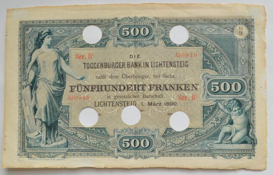 Banknoten der Bank in St. Gallen (Gulden), Banknoten der Toggenburger Bank in Lichtensteig (Franken) und 1 Dollarnote