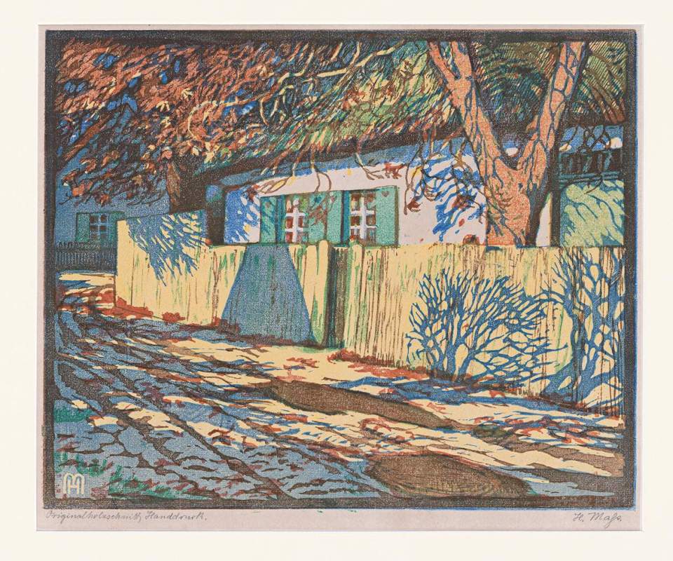 Farbholzschnitt "Sonnige Dorfstrasse idyllischer dörflicher Winkel im hellen Sonnenlicht"