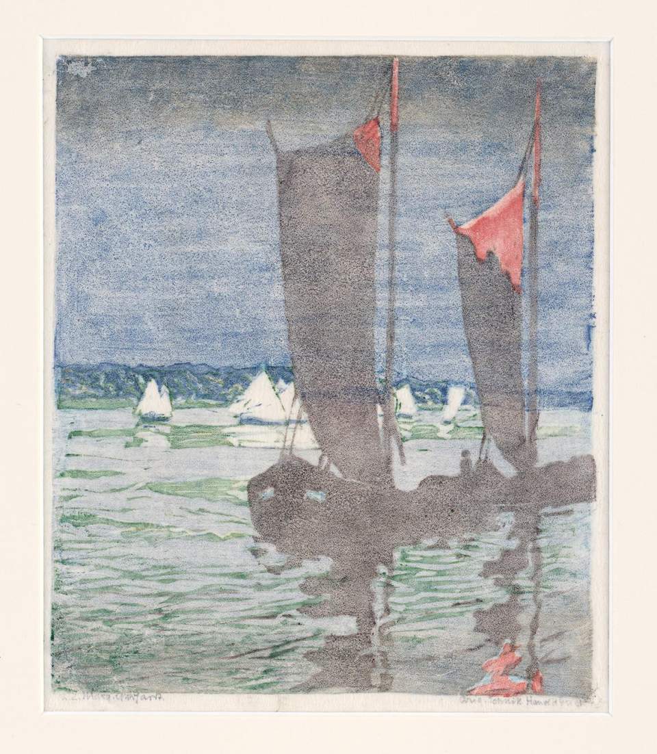 Farbholzschnitt "Lastenseegler und Segelboote"
