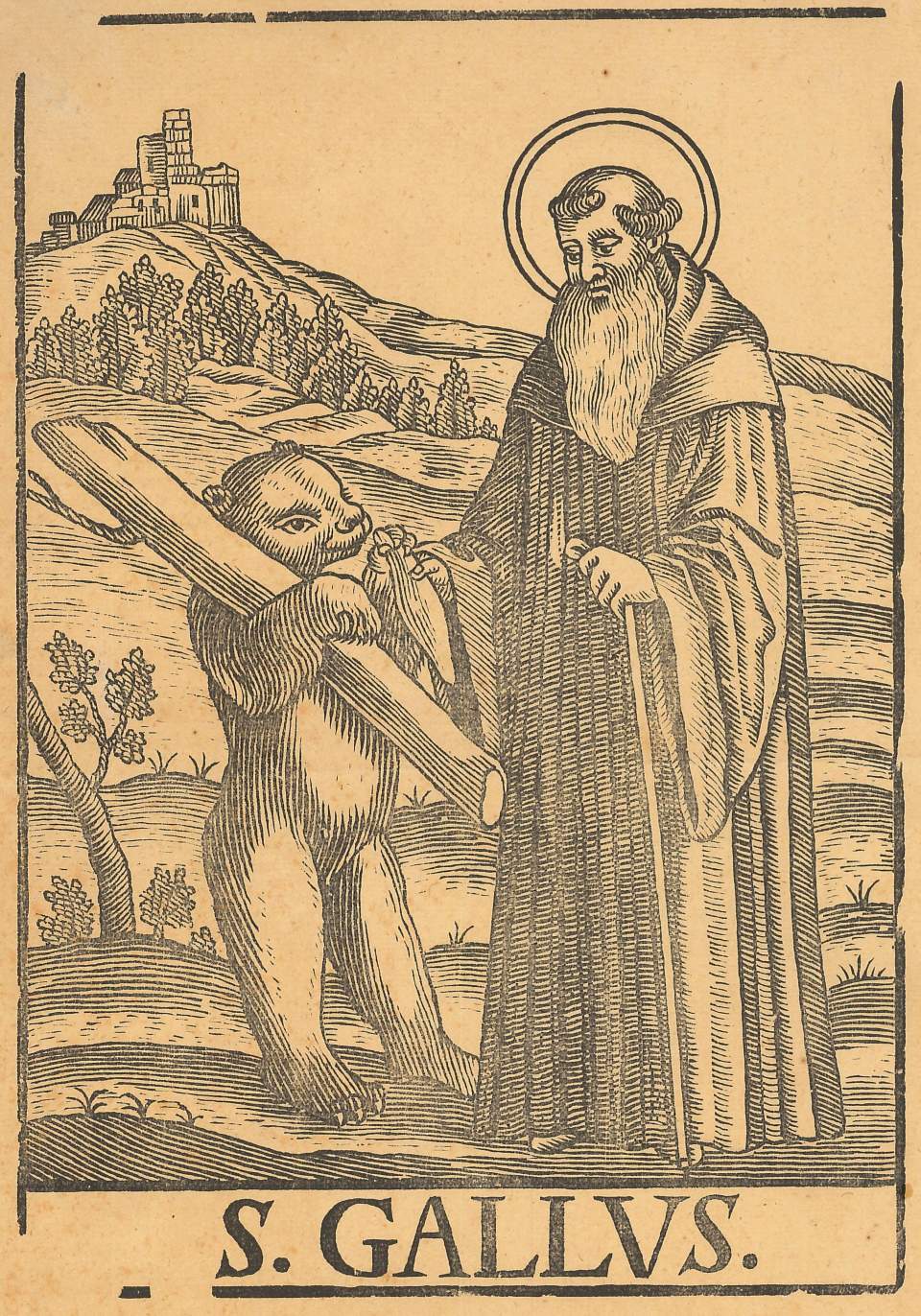 Holzschnitt, Gallus mit Bär
